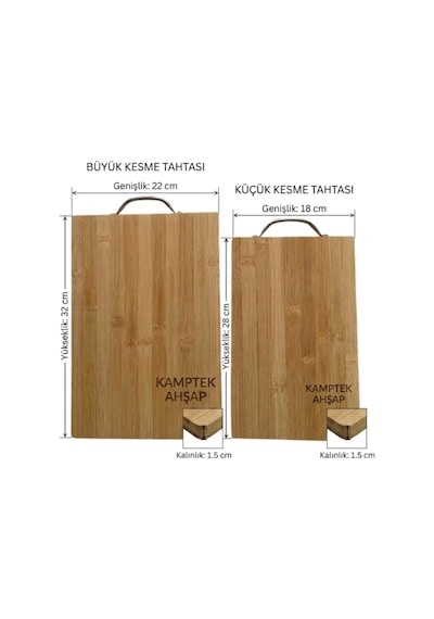 Kamptek Ahşap Bambu Kesme Tahtası 2'li Set - Ergonomik Metal Kulplu Doğal Sunum Tahtası Doğal Ahşap Çok Renkli
