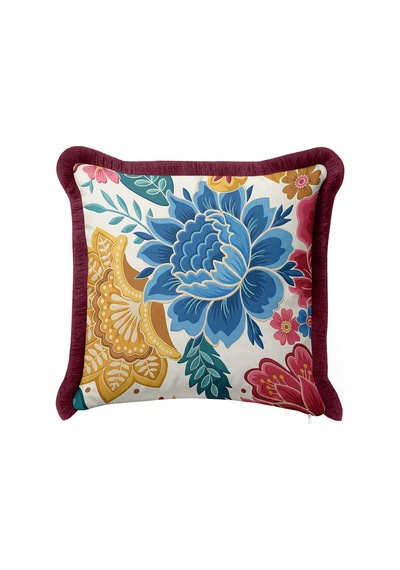 Çiçek Desenli Bohem Şık Saçaklı Yastık Kılıfı - Etnik Floral Modern Püsküllü Kırlent Kılıfı Siyah