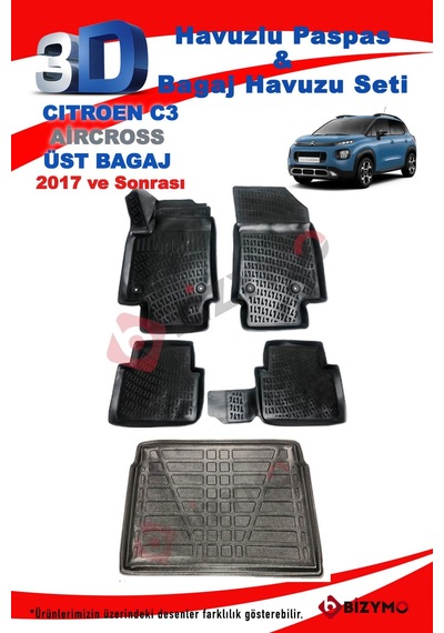 Citroen C3 Aircross 2017+ 3D Havuzlu Paspas + Üst Bagaj Havuzu Siyah