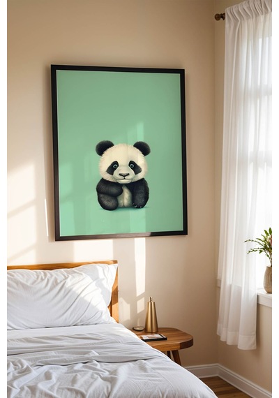 Sevimli Yavru Panda Portresi Çerçeveli Tablo - Bebek Ve Çocuk Odası Modern Hayvan Duvar Dekoru Siyah