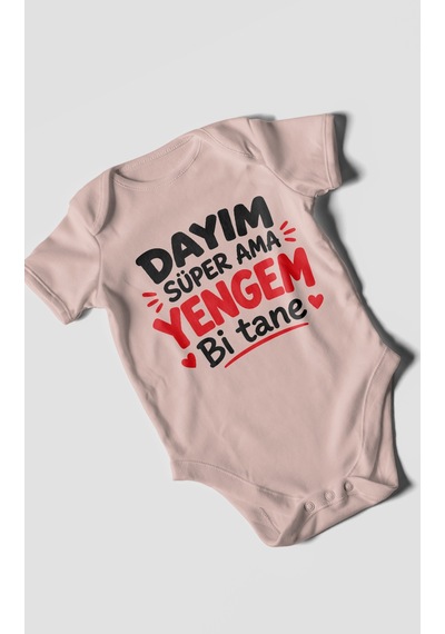 Morivokids Dayım Süper Ama Yengem Bi Tane Kısa Kollu Bebek Body %100 Pamuk Pastel Pembe