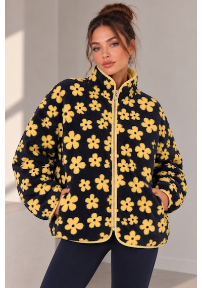 Vadon 1061 Kadın Papatya Desenli Yandan Cepli Fermuarlı Polar Sweatshirt Antrasit