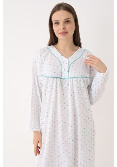 Yasar Underwear Kadın %100 Pamuk Uzun Kollu Gecelik Hakim Yaka, Yarım Pat Düğmeli, Desenli, Rahat Kalıp Mint Mint