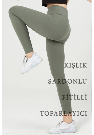 Fitilli Şardonlu İçi Polarlı Yüksek Bel Toparlayıcı Tayt Haki Fitilli Şardonlu İçi Polarlı Yüksek Bel Toparlayıcı Tayt Haki