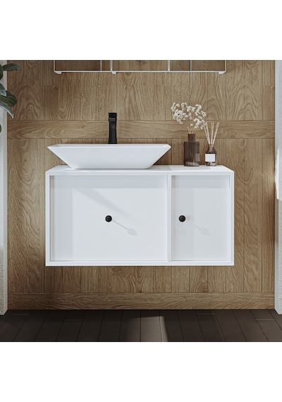 Gusto Ayaksız Lavabolu Mdf 90 Cm Çekmeceli Banyo Dolabı Beyaz Mat Beyaz