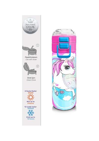 Coral High Kids Mavi Neon Pembe Unicorn Desenli Pipetli Ve Direkt İçim Çelik Termos 500 Ml 31925 Mavi - Beyaz