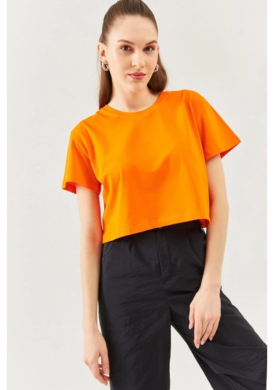 Kadın Rahat %100 Pamuklu Penye Bisiklet Yaka Kısa Kol Basic Crop T-shirt Turuncu