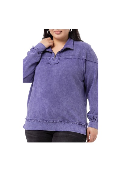 Büyük Beden Pis Dikişli Fermuarlı Yırtmaçlı Parça Boyalı Mor Sweatshirt-mor Mor