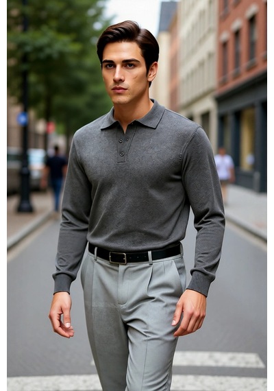 Ersefa Erkek Smart Casual Polo Yaka Düz Triko Kazak Kış Kombinlerine Mod Antrasit