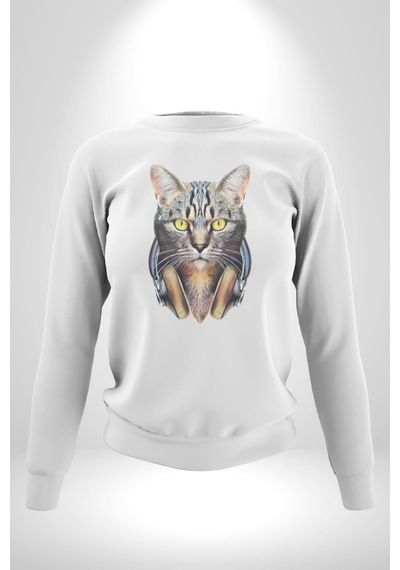 Kulaklık Kedi Unisex Beyaz Baskılı Sweatshirt Beyaz