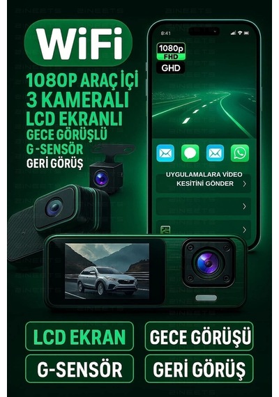 Buğz Wifi 1080p Araç İçi 3 Kameralı Lcd Ekranlı Gece Görüşlü , G-sensör , Geri Görüş Kamera