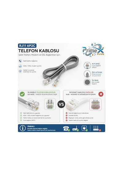 Primex Px-kkt20 2cx0.10mmx7 20 Metre Adsl Rj11 Telefon Kablosu Gri, Adsl, Vdsl 2 Canlı Kablo Standart
