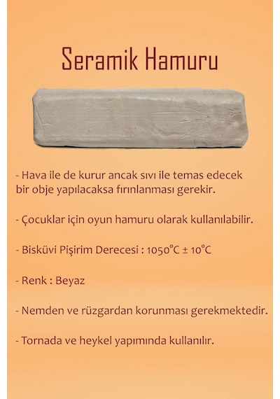Beyaz Seramik Hamuru 2 Kg Kil Ebeşuar Seti 6x15 Ml Akrilik Set 100 Cc Vernik Ahşap Merdane Zımpara
