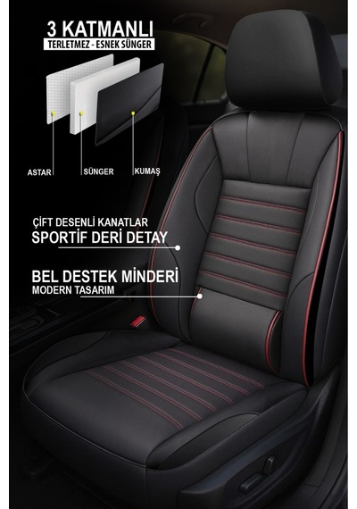Stone Üniversal Deri Oto Koltuk Kılıfı - Bel Destekli - 5 Koltuk Tam Set