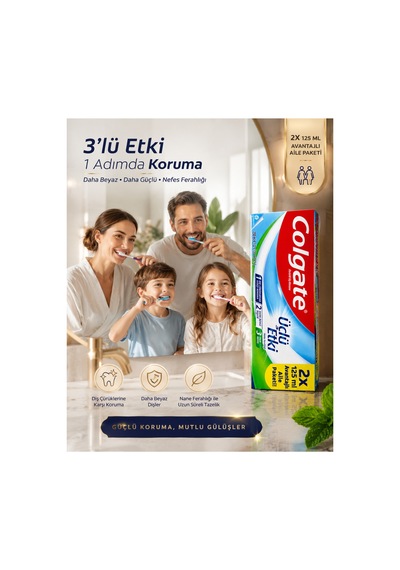 Üçlü Etki Diş Macunu 2x125 Ml Aile Paketi Florürlü Çürük Karşıtı Koruma Beyazlatıcı Naneli Ferahlık