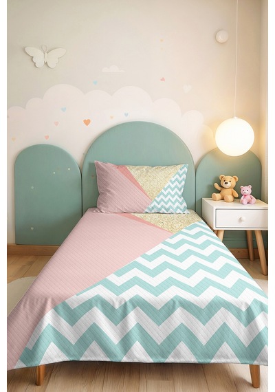 Pastel Geometrik Pembe Genç Kız Odası Tek Kişilik Pike Takımı - Zigzag Mint 160x220 Cm Yatak Örtüsü Gri