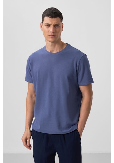 Tommylife Koyu Mavi Yüzeyi Dokulu Rahat Form Basic Erkek T-shirt - 88436 Koyu Mavi