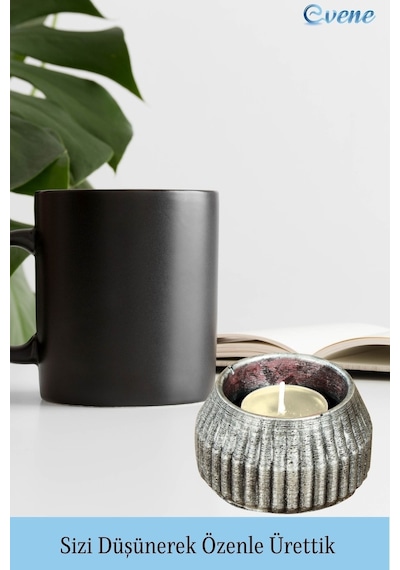 Mumluk Şamdan 3 Adet Tealight Uyumlu Çizgili Model - Gümüş Eskitme