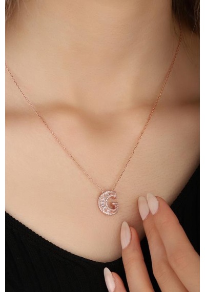 Baget Taşlı Pırlanta Model Gümüş Harf Kolye - G Rose Gold