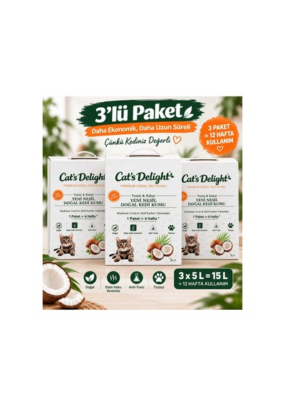 Hindistan Cevizi Kabuğu & Aktif Karbon Teknolojili Kedi Kumu 5 Litre X 3 Adet