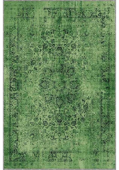 Yeşil Vintage Kaymaz Tabanlı Makinede Yıkanabilir Halı Rv280n11