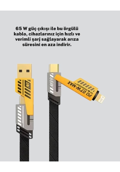 Hızlı Şarj Destekli 65w Örgülü Usb-c Ve Usb-a Çoklu Şarj Kablosu