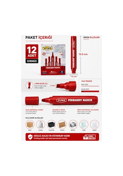 Mavi Permanent Marker Koli Kalemi 12 Li Paket 3 Mm Kesik Uç Kırmızı