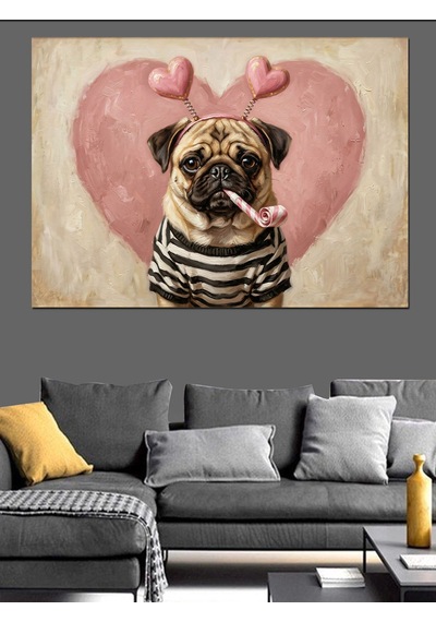 Kalp Balonlu Sevimli Pug Köpeği Dekoratif Kanvas - Mdf Ahşap Tablo