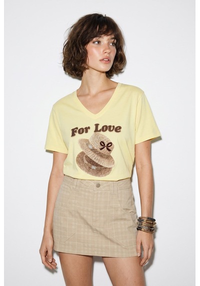 Kadın V Yaka For Love Nakış Ve Boncuk İşlemeli Oversize T-shirt 2240 60286329 - Açık Sarı