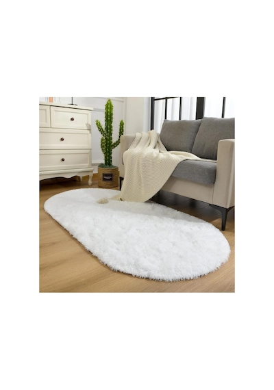 Beyaz Oval Post Halı Peluş Yumuşak Kaymaz Dot Taban Makinada Yıkanabilir Yolluk Beyaz