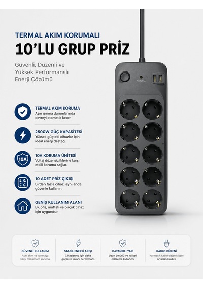 Termal Akım Korumalı Usb Type-c Girişli 10'lu Grup Priz 2500w Güç Kapasitesi Kopya 100 CM