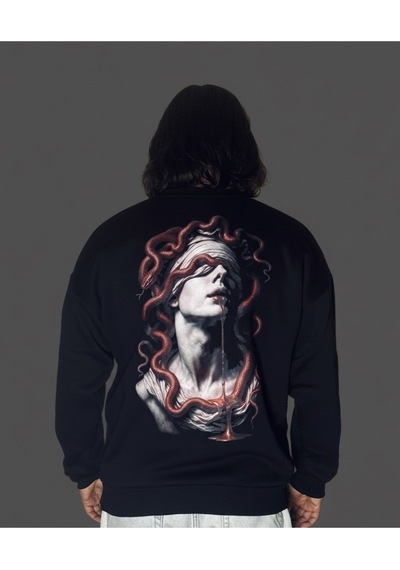 Dark Line The Curse Of God Sırt Baskılı %100 Pamuk Unisex Siyah Oversize Sweatshirt Siyah