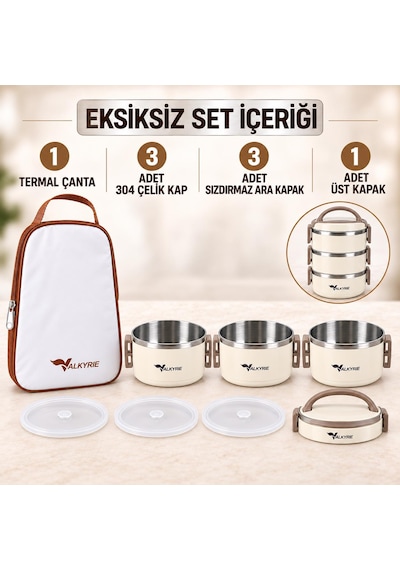 Valkyrie 3 Katlı 304 Paslanmaz Çelik Yemek Termosu Isı Yalıtımlı Sızdırmaz Sefer Tası Termal Çantalı Krem