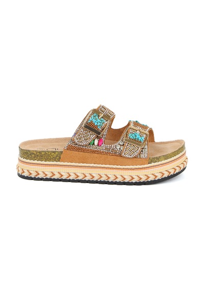 Guja 25y103 Kadın Mantar Platform Taban Taşlı Çift Tokalı Comfort Terlik Camel Fuşya