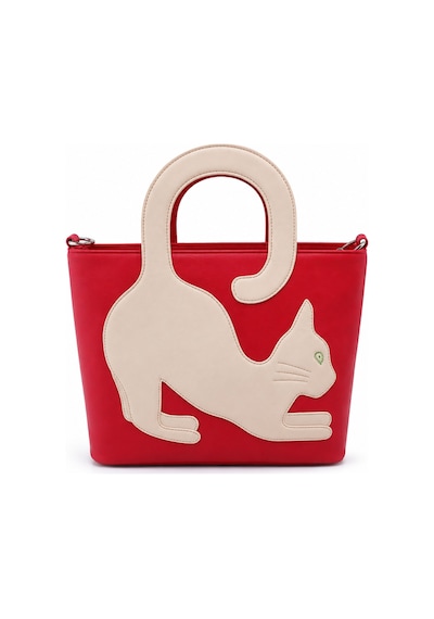 Levano Leather Hakiki Deri Kadın El Ve Omuz Çantası Kedi Figürlü Fermuarlı Çanta Kırmızı