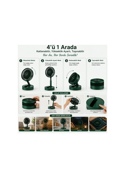 Şarjlı Katlanabilir Masaüstü Vantilatör, Yeşil, Yükseklik Ayarlı, 3 Kademeli Hız, Usb Şarjlı, Sessiz Taşınabilir Mini Fan Beyaz - 888190452