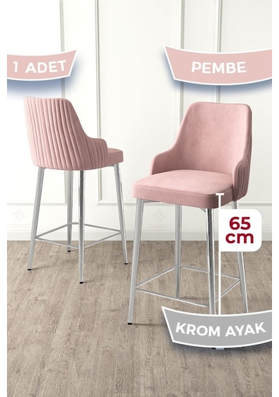 Canisa Tera Serisi 1 Adet Babyface Kumaş 65 Cm Krom Kaplama Ayaklı Pembe Bar Sandalyesi Pembe Sandalye Krom Kaplama Ayak
