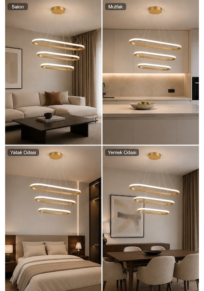 AvizeGO Elipso 3'lü Led Sarkıt Avize 3 Renk Kumandalı Eskitme