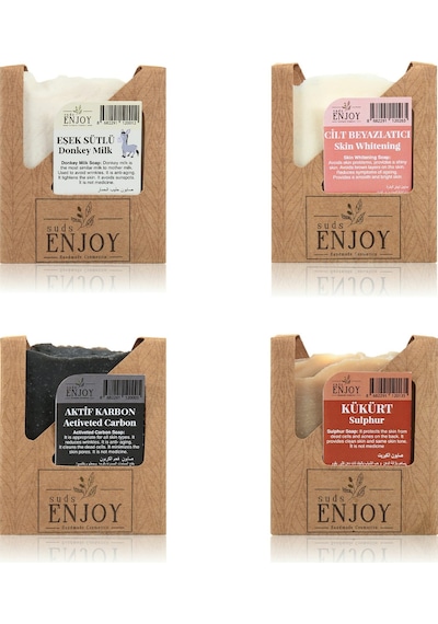 Suds Enjoy Doğal Eşek Sütlü Sabun + Cilt Beyazlatıcı Sabun + Aktif Karbon Sabun + Kükürt Sabun 100 G