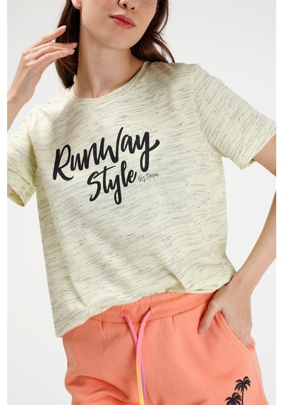 Brz Collection Sarı Renk Siyah Kırçıllı Kadın Kısa Kollu T-Shirt Sarı