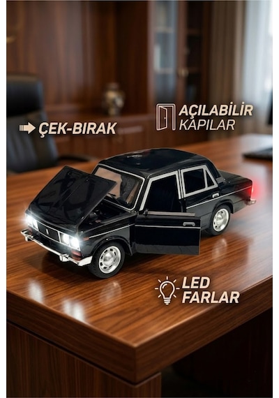 Lada Vaz 2107 Metal Diecast Model Araba 1:24 Ölçek 18cm Sesli Işıklı Çek Bırak Siyah Çok Renkli