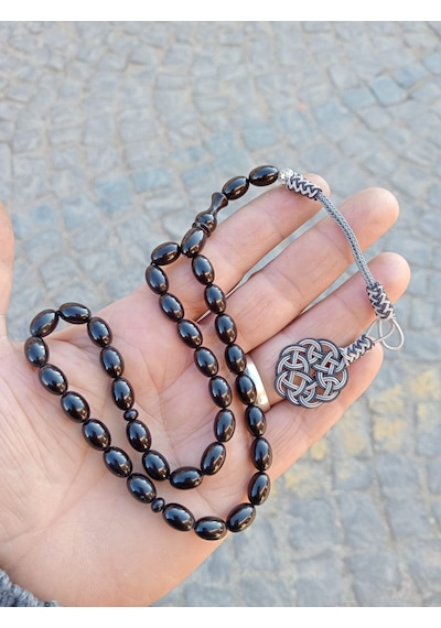 33Tesbih Ateş Kehrıbar Tesbıh Sıyah Gümüş Tasarımlı Kutulu Belgelı