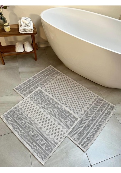 Tapis Bukle Doğal Pamuklu 2'li Banyo Paspas & Halı Seti 60x100+50x60 Cm - Gri Gri