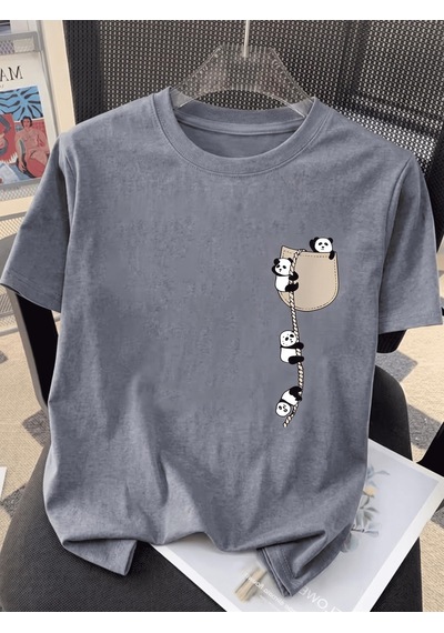 Sevimli Panda Grafikli İpli Cep Detaylı Kısa Kollu Oversize Unisex Bisiklet Yaka Tişört Gri