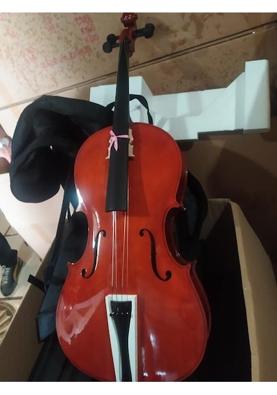 Valeria 4/4 Tamboy Parlak Cila Hareli Çello Seti-kılıf-yay-reçine
