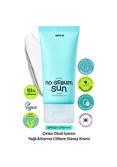 Edıtb Yağlanma ve Gözenek Karşıtı Nemlendirici Fiziksel Güneş Kremi EDIT.B No Sebum Sun Cream SPF50+PA++++