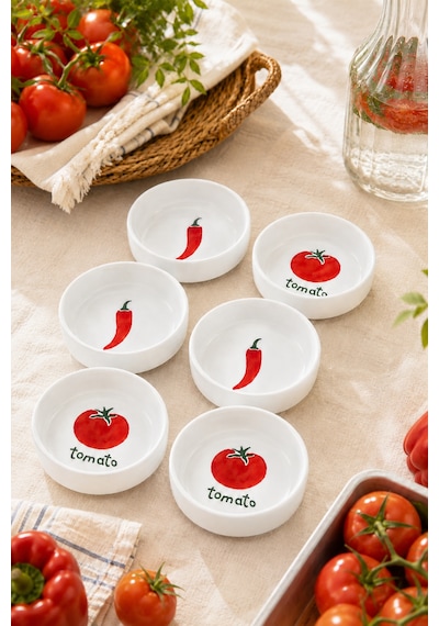 6 Lı Domates Ve Biber Desenli Seramik Çerezlik Seti 10 Cm Kahvaltılık Sosluk Reçellik Kase Takımı Beyaz