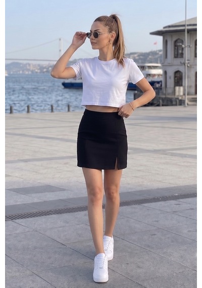 Bestenur Yırtmaçlı Mini Etek 1734 - Siyah