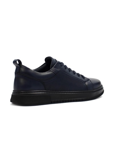 Erkek Lacivert Bağcıklı Baskılı Deri Sneaker