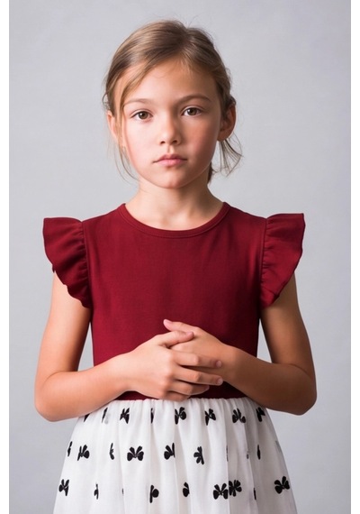 Fesshera Kids Kız Çocuk Fırfır Kollu Tül Etek Elbise Şık Günlük Ve Özel Gün Kombini Bordo
